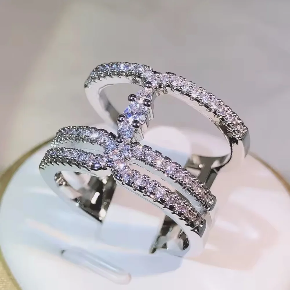 Silver Crystal Triple-Row Openwork Ring